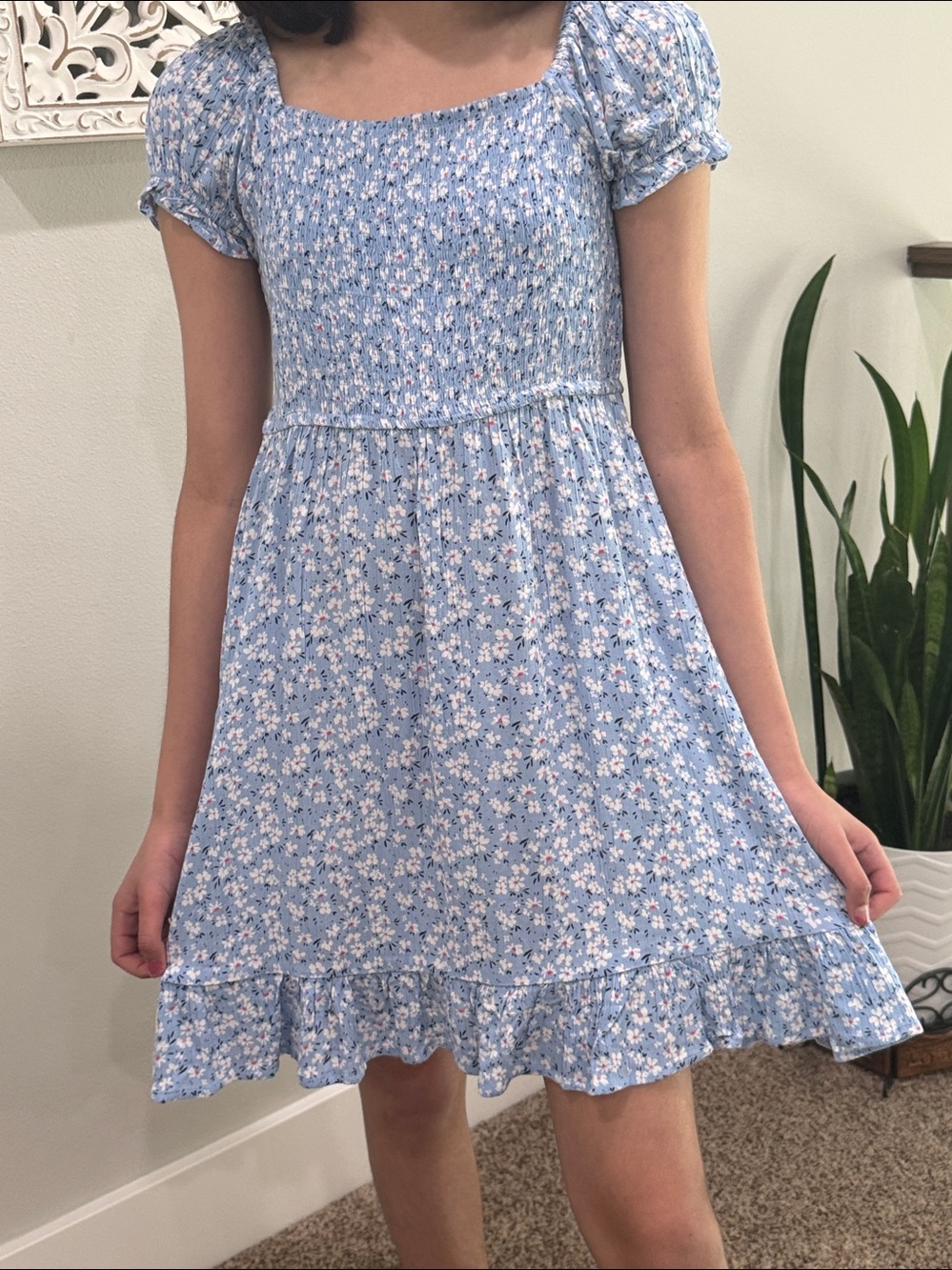Y&F Girls' Blue Floral Smock Dress with Ruffle Hem